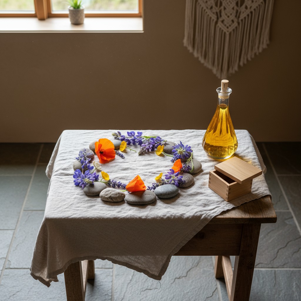 A serene tabletop setting, adorned with a white cloth, a selection of small gray stones, orange and purple flowers, a glas...