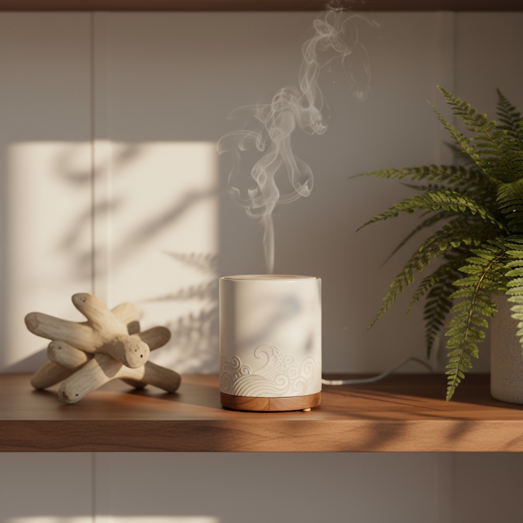 Here is the alt text for the image: An indistinct white object with a wooden base, capable of emitting visible vapours, pr...